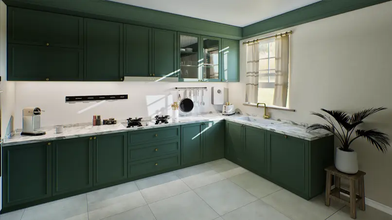 Extrait d’une visite interactive 3D avec textures de cuisine modifiables à la volée. Outil immersif pour aider à la prise de décision. Visite interactive 3D d’une cuisine avec textures personnalisables en temps réel, vue extraite d’un projet immersif.