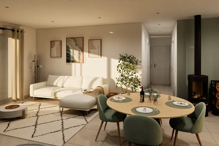 Visualisation 3D d’un espace de vie chaleureux avec poêle à bois et décoration contemporaine. Rendu 3D photoréaliste d’un salon-salle à manger moderne avec poêle à bois, mobilier scandinave et lumière naturelle.