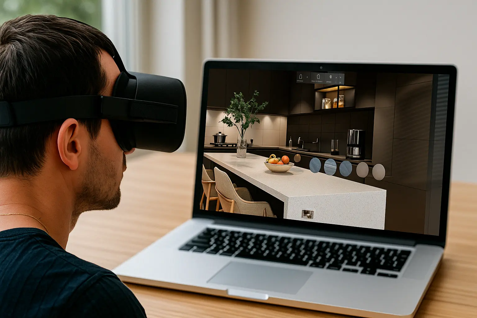 Visite virtuelle interactive d’un projet de cuisine 3D affichée sur un ordinateur portable, avec sélection de matériaux en temps réel.
