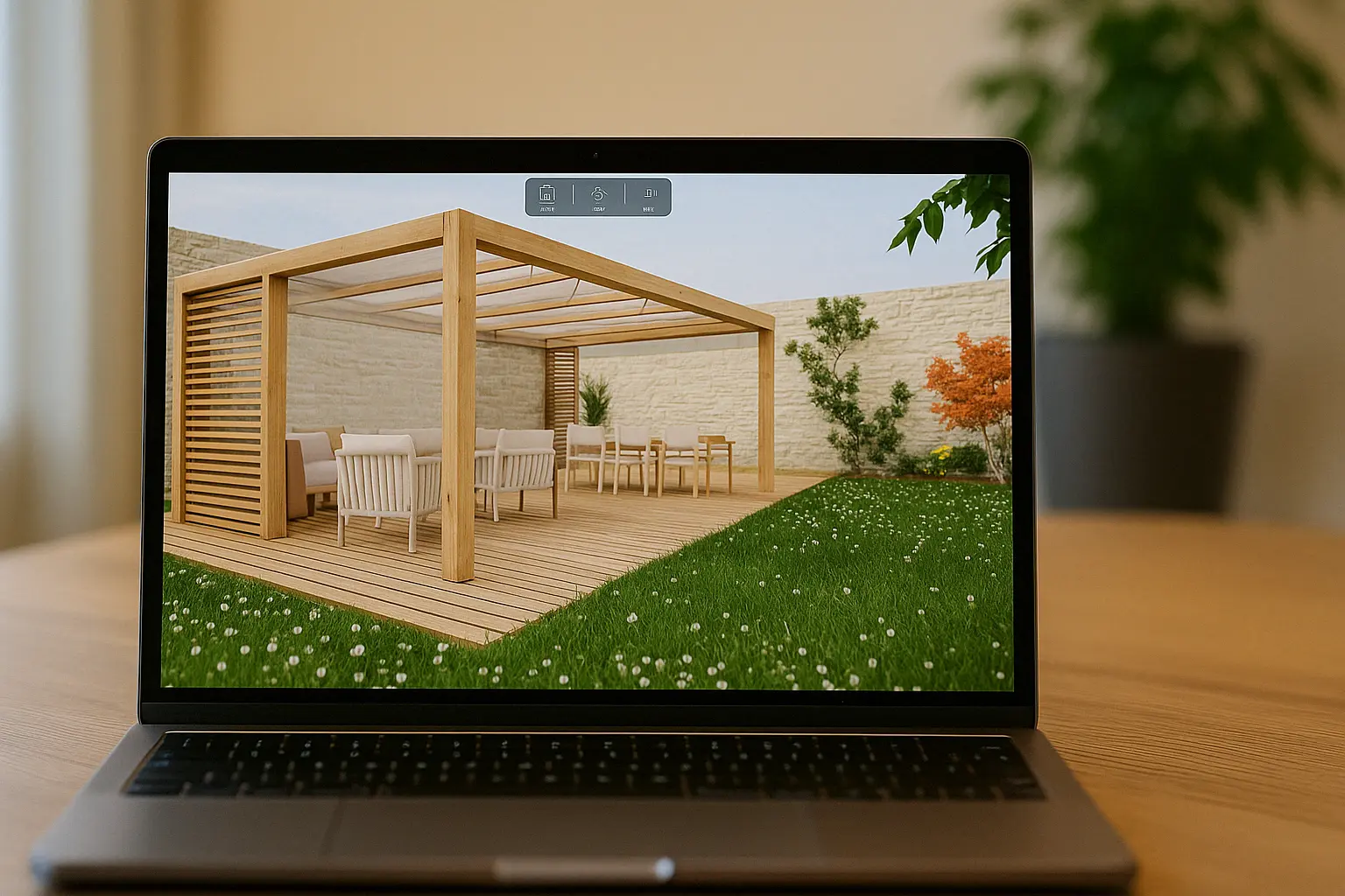 Rendez vos projets plus clairs grâce à une visite immersive 3D sur ordinateur. Visite interactive 3D d’un projet d’aménagement extérieur affichée sur un ordinateur portable, outil de projection réaliste pour particuliers et professionnels.