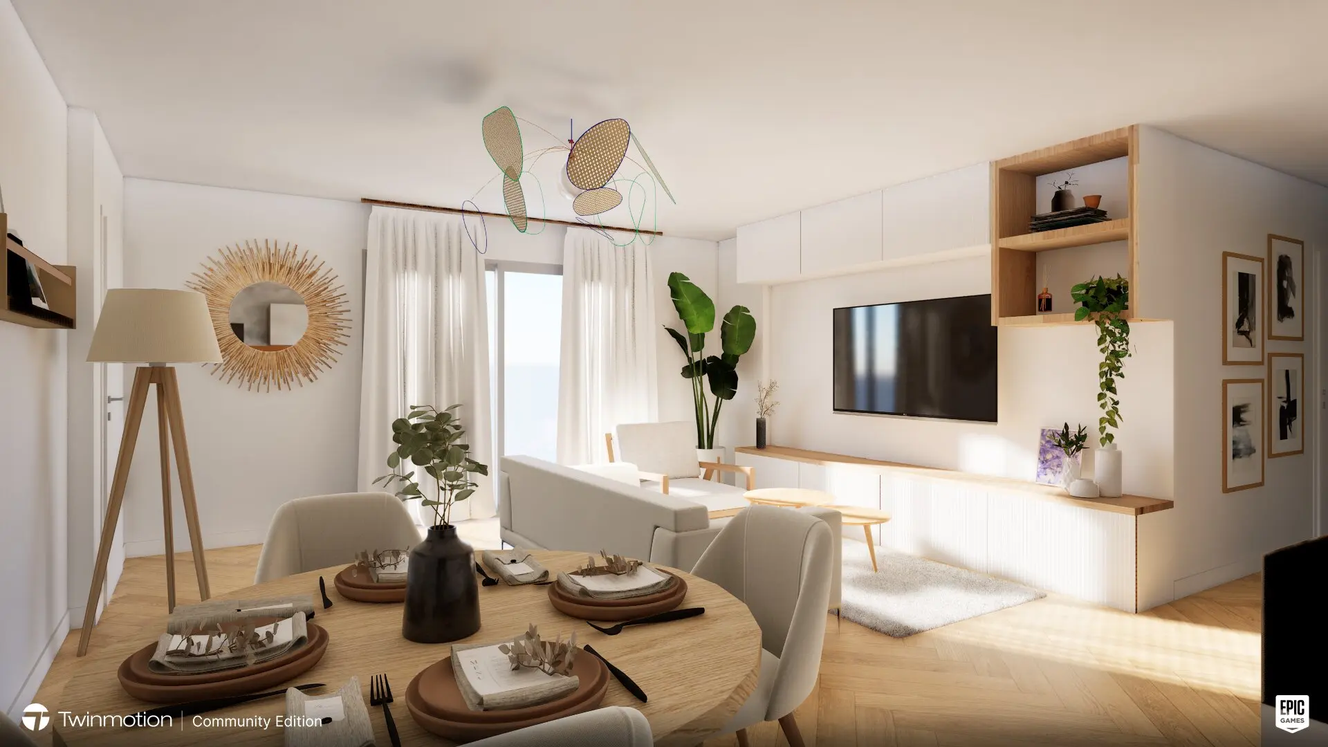 Rendu 3D d’un salon chaleureux et lumineux, réalisé pour illustrer un projet déco en amont des travaux