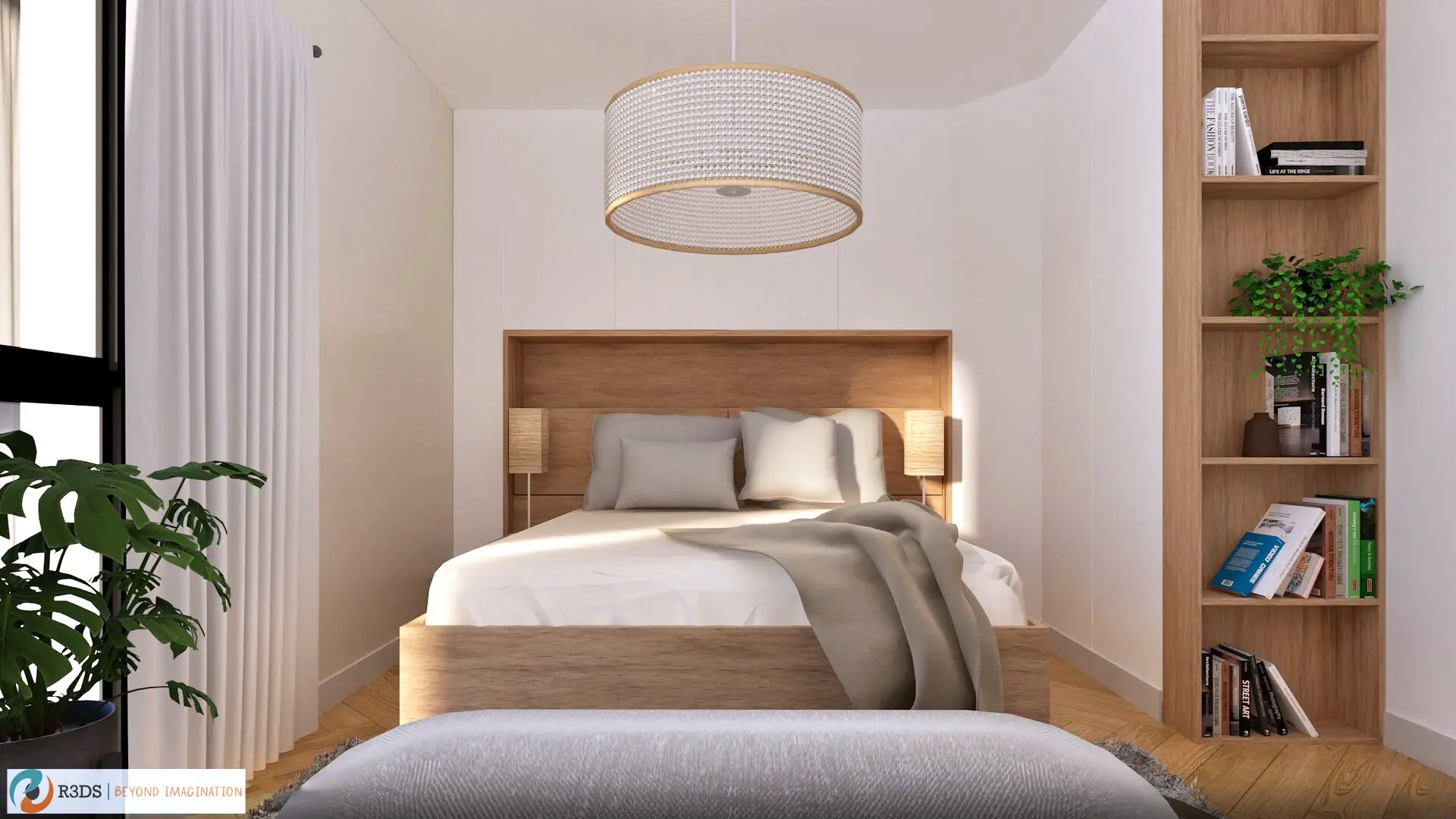Rendu 3D d’une chambre lumineuse à l’ambiance naturelle, avec tête de lit en bois clair