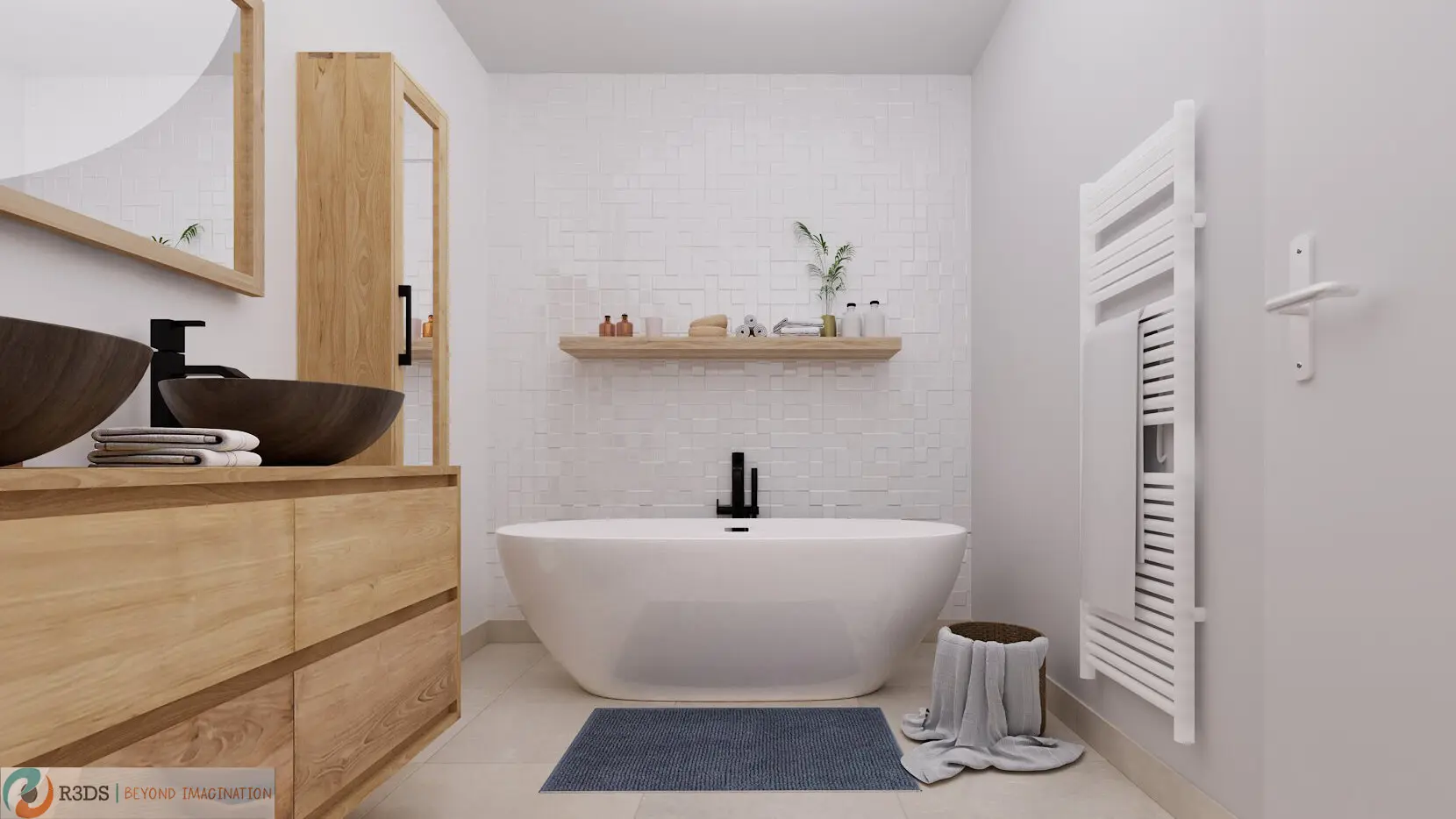 Rendu 3D d’une salle de bain design mêlant bois naturel, vasques en pierre et robinetterie noire