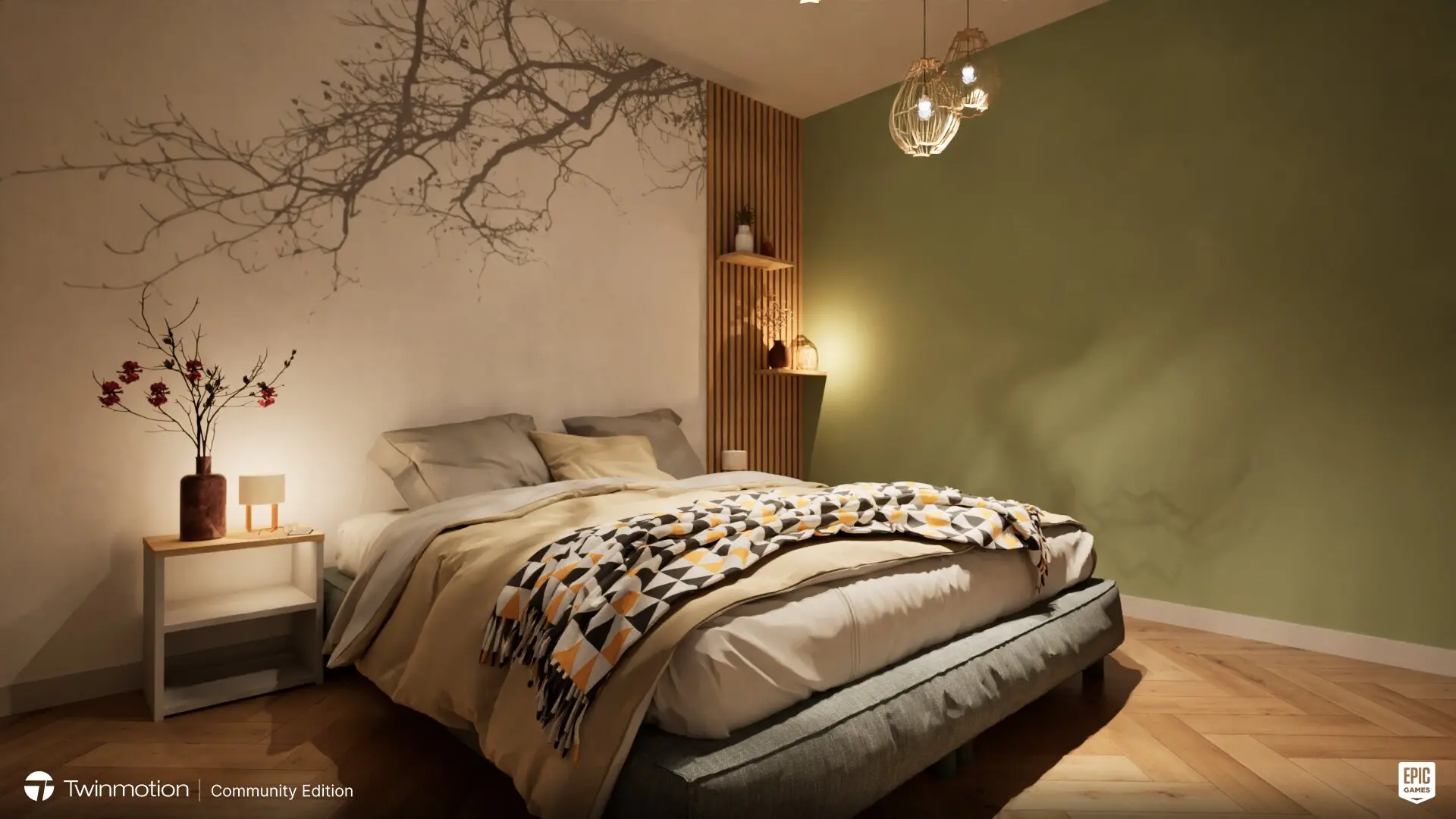 Rendu 3D photoréaliste d’une chambre parentale avec éclairage doux