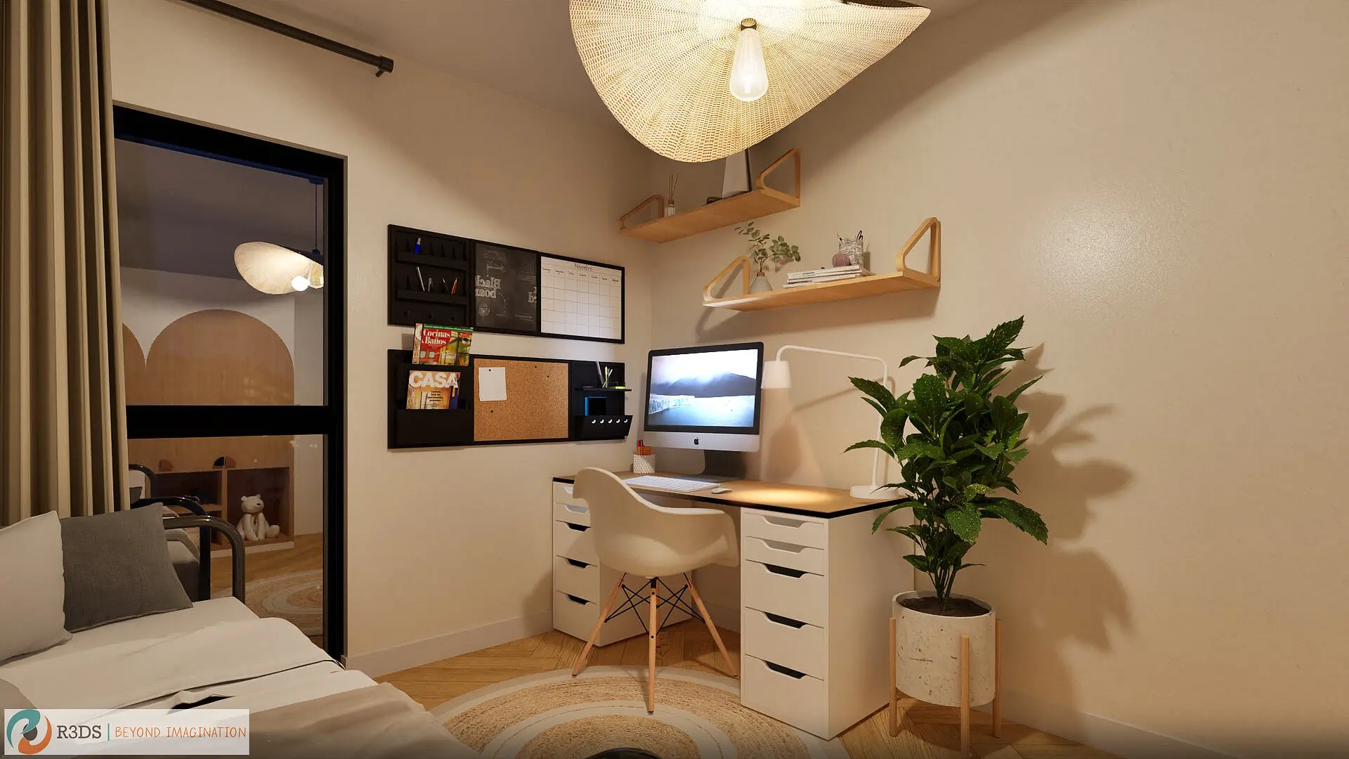 Vue 3D réaliste d’un espace bureau sur-mesure, modélisé pour optimiser l’aménagement dans une chambre