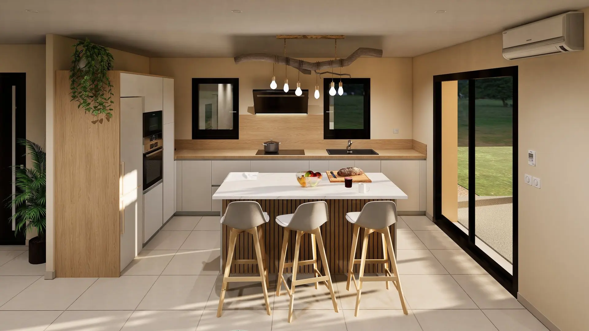 Rendu 3D technique d’une cuisine avec ilot central et suspension bois