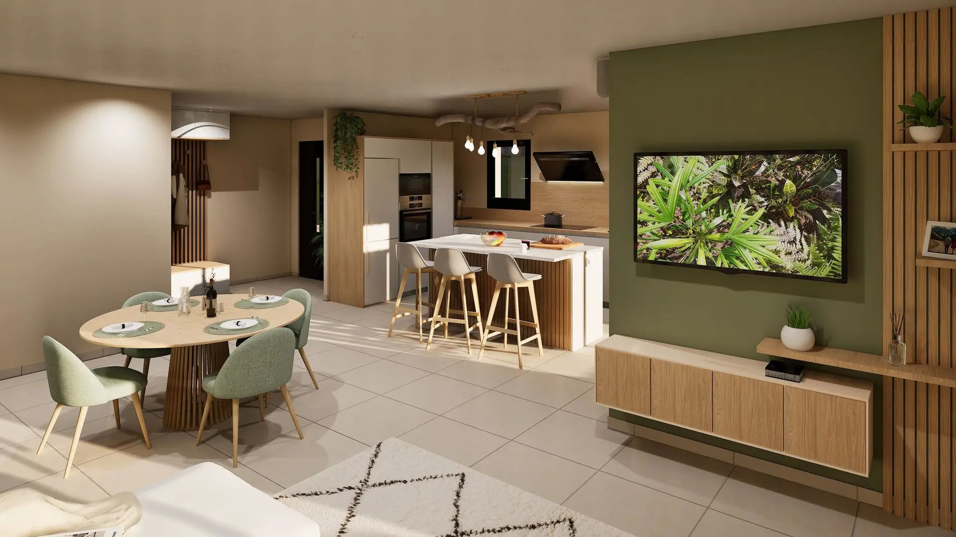 Modélisation d’un espace séjour-cuisine avec mur vert et table ronde