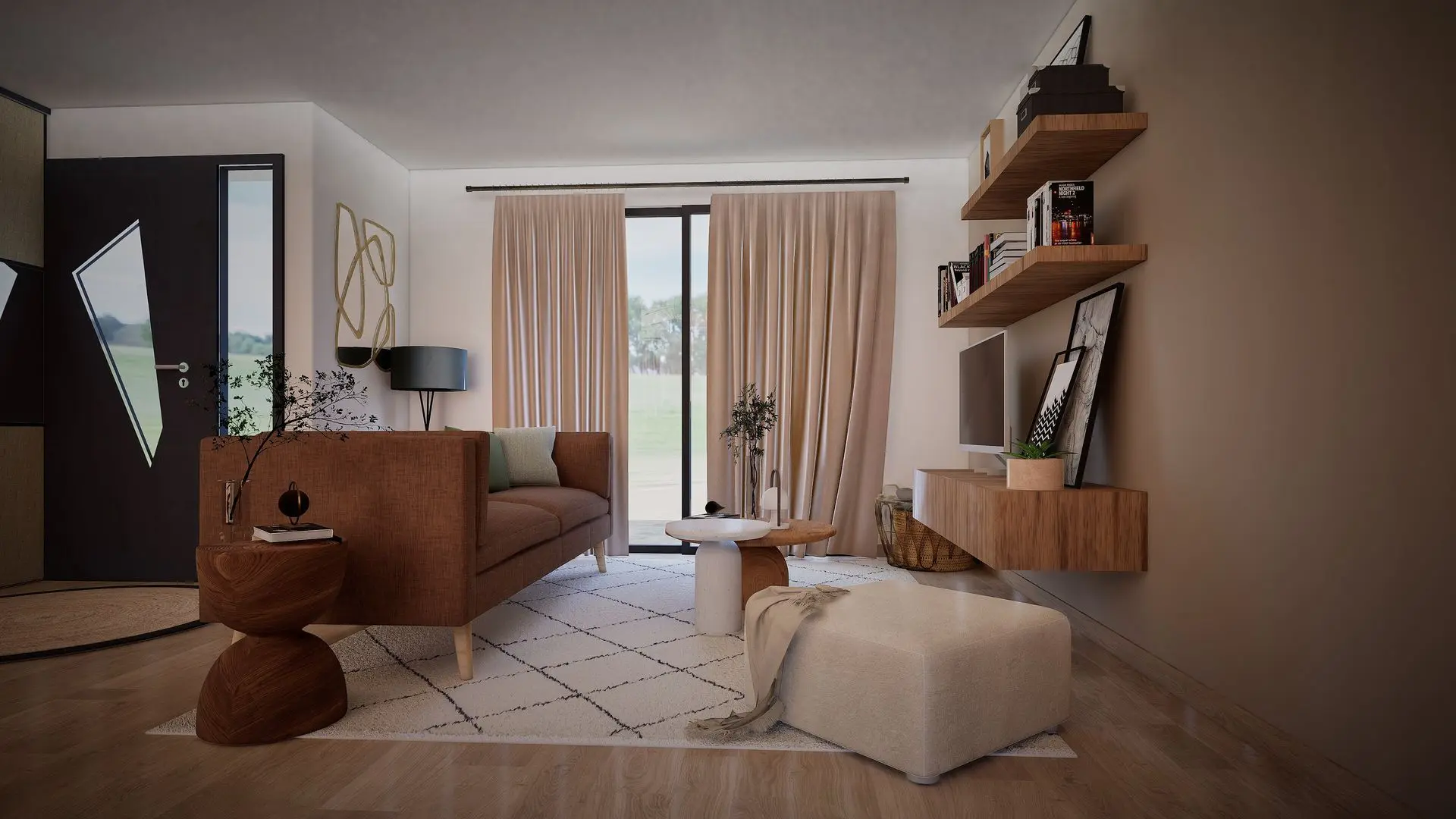 Mur bibliothèques en bois flottant et décoration soignée dans le salon