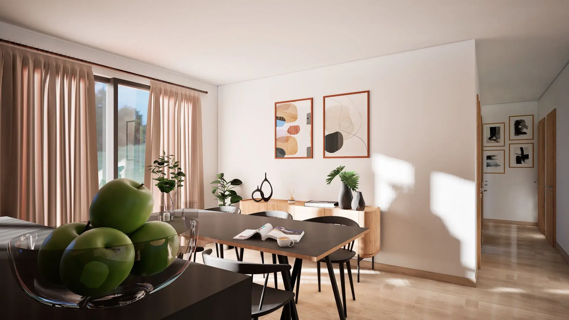 Coin repas épuré avec table noire, chaises assorties et buffet en bois clair