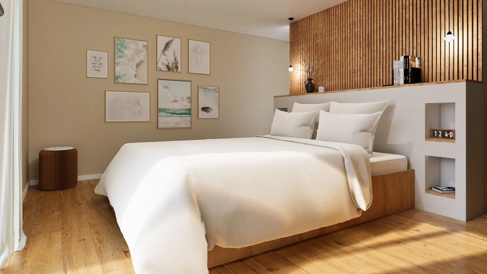 Rendu 3D d’une chambre rénovée dans un gîte, ambiance bois clair et tête de lit à tasseaux