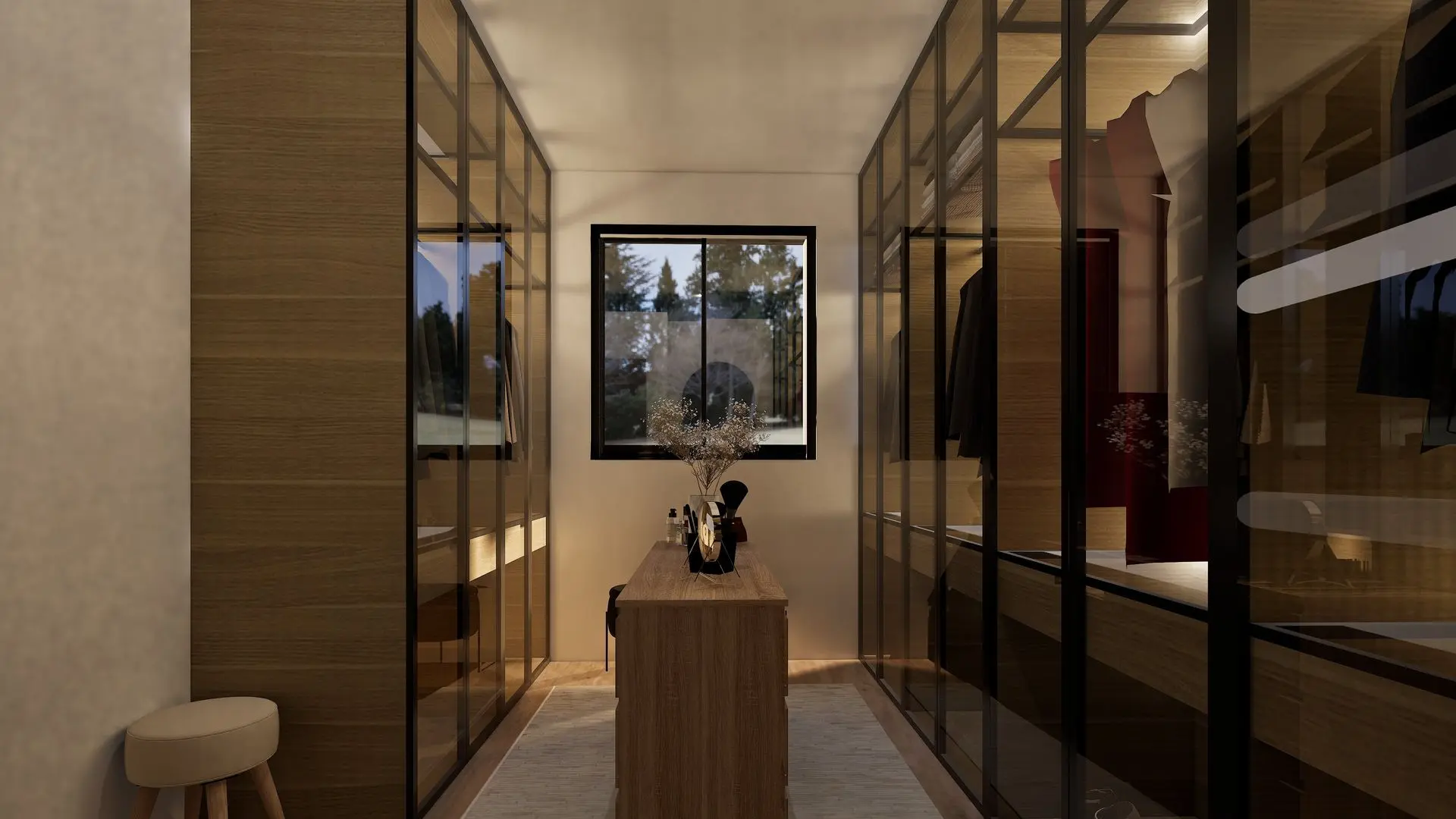 Dressing sur mesure avec verrières, éclairage tamisé et rangements vitrés