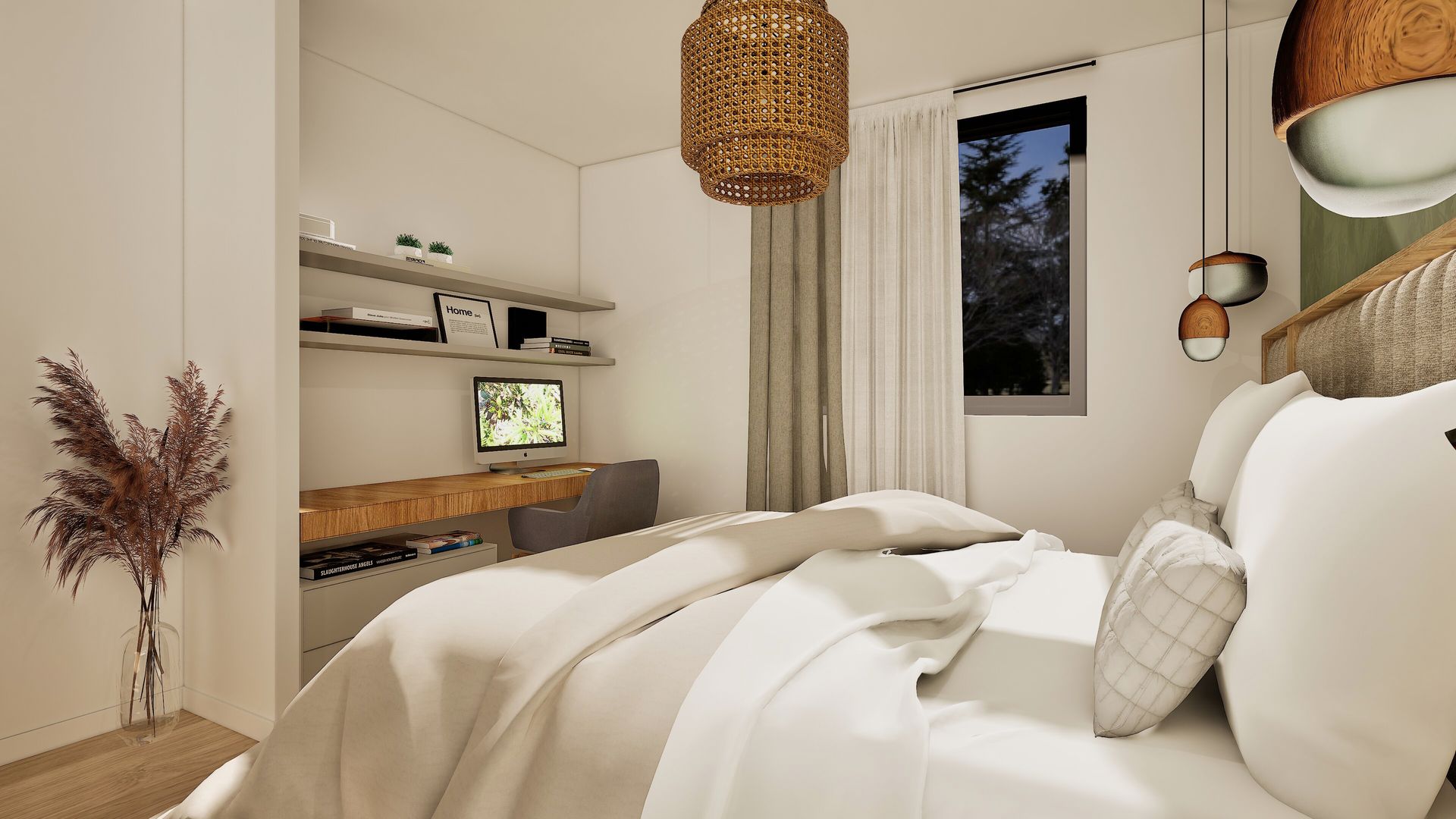 Vue d’une chambre parentale chaleureuse avec suspension en rotin et coin bureau intégré