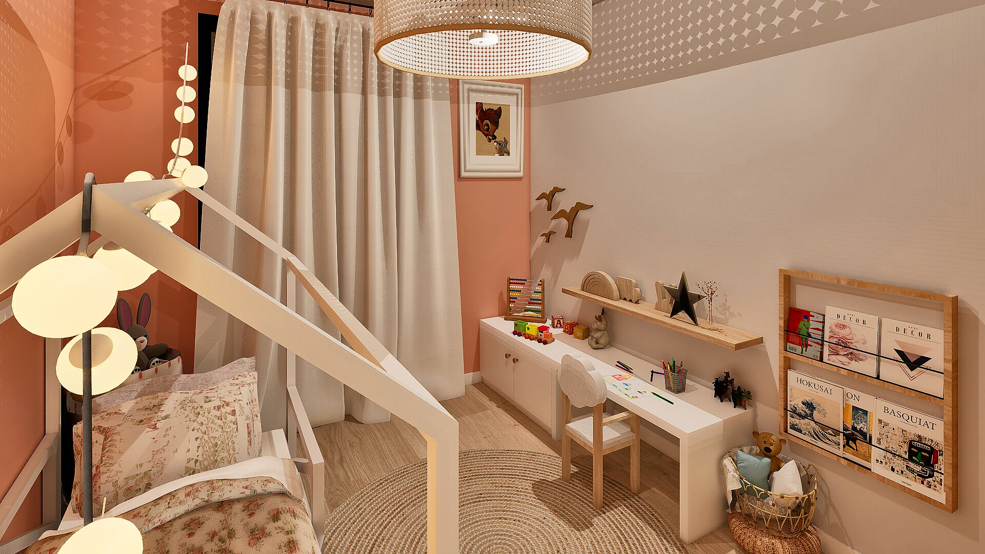 Chambre d’enfant décorée avec un espace de jeu et de lecture bien organisé
