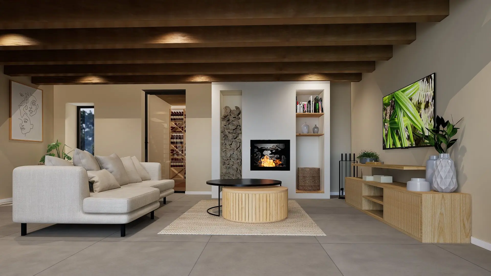 Vue 3D du salon et salle à manger d’un gîte rénové, esprit campagne chic