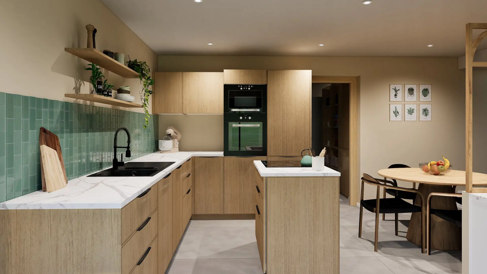 Rendu 3D de la cuisine rénovée d’un gîte, alliance bois naturel et zelliges vert d’eau