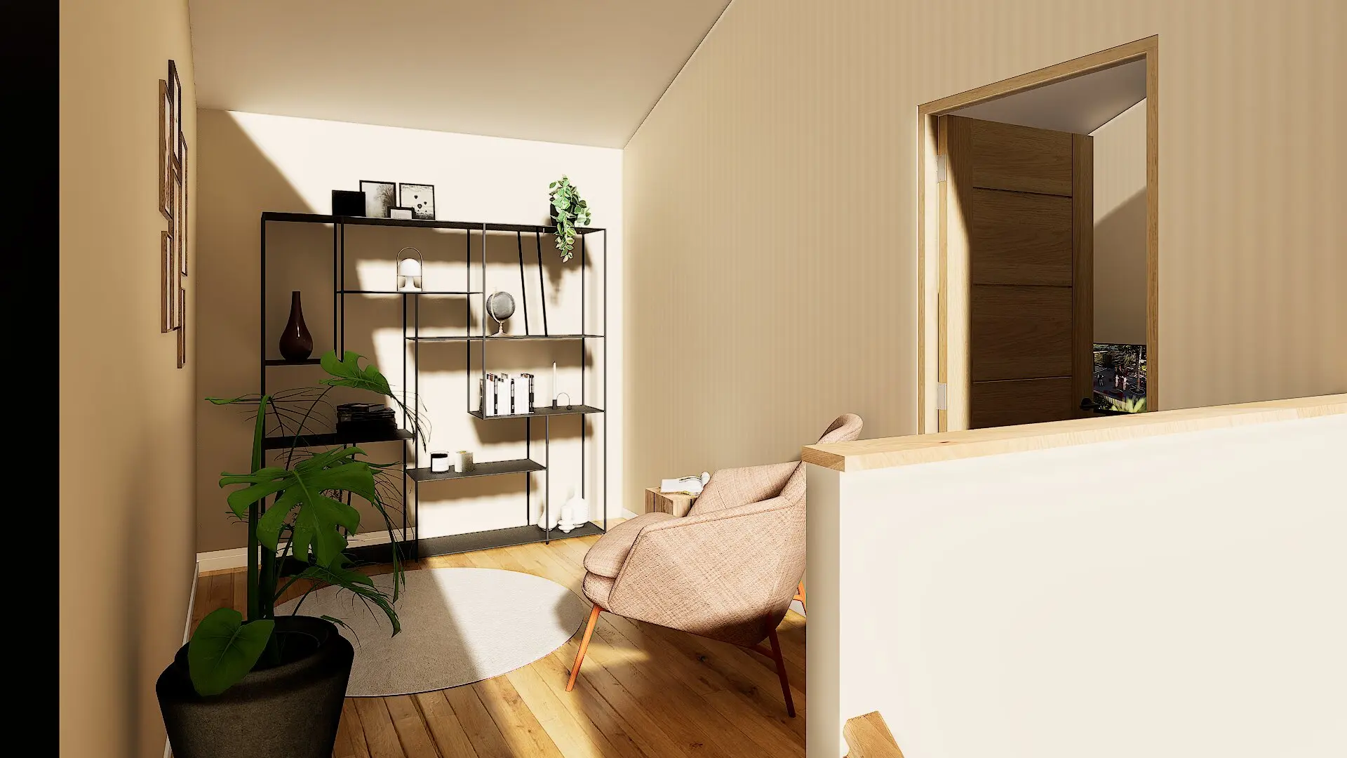 Visualisation 3D d’un coin lecture aménagé sur mezzanine dans un gîte rénové