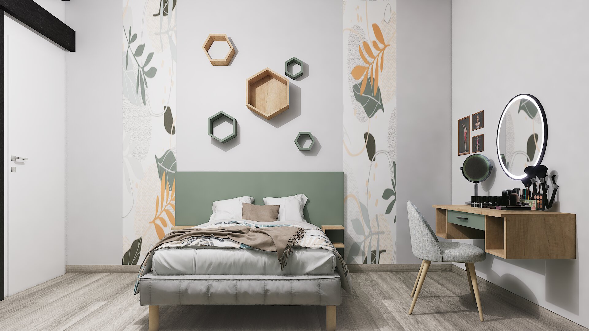 Rendu réaliste d'une chambre avec tête de lit et coiffeuse