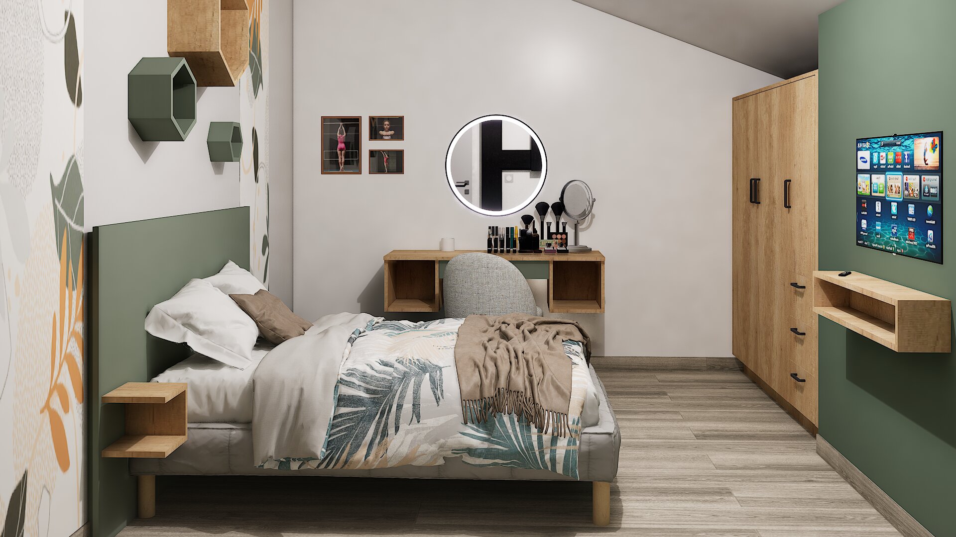 Chambre aménagée avec TV, coiffeuse et rangements