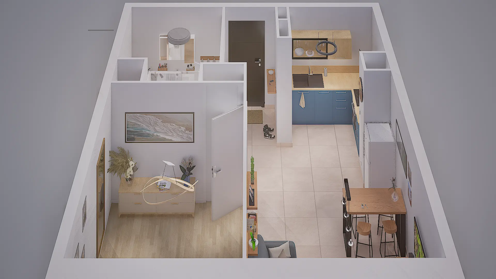 Plan 3D en vue de dessus d’un appartement modélisé pour la vente en VEFA