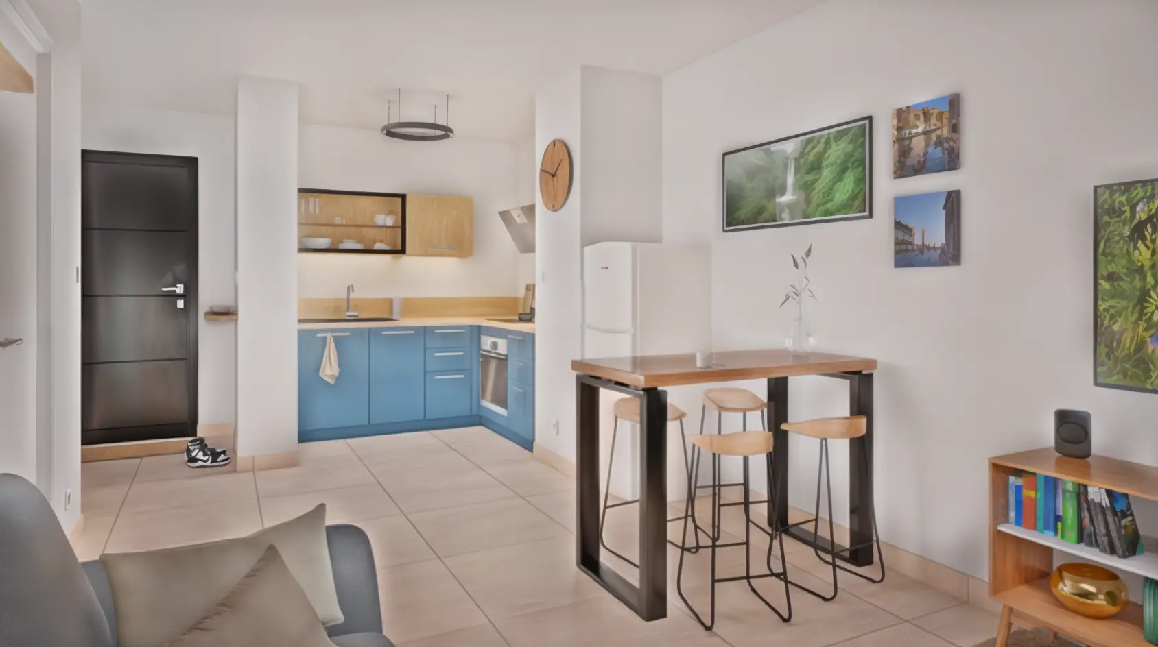 Rendu 3D cuisine et séjour d’un appartement neuf – projet de vente sur plan