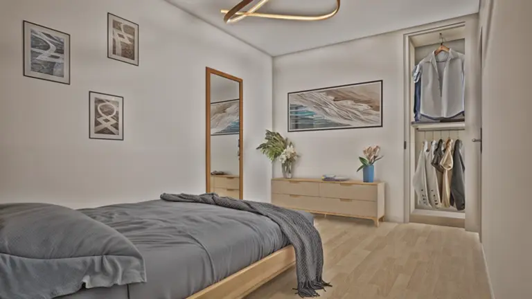 Rendu 3D chambre moderne pour un appartement T2 vendu sur plan