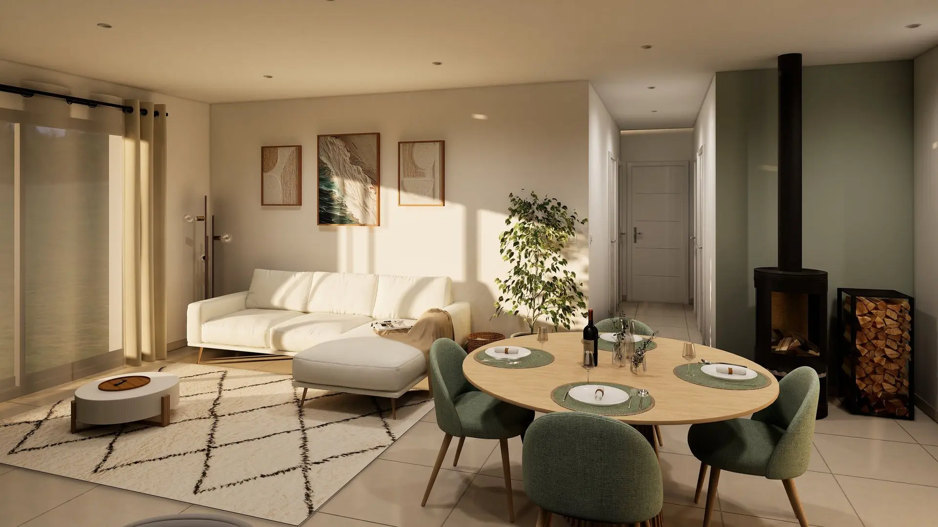Vue 3D réaliste d’un salon avec poêle, baie vitrée et mobilier